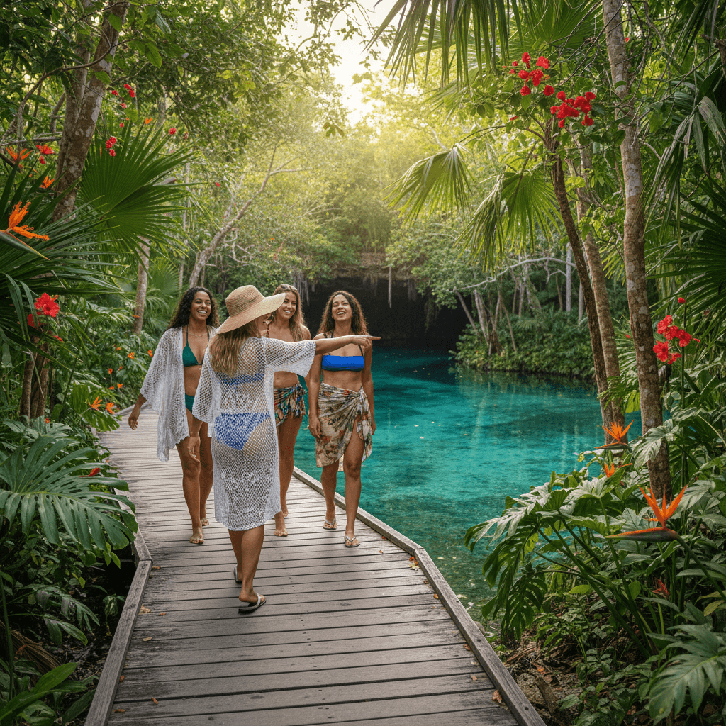 Women walking toward a cenote on Isla Mujeres