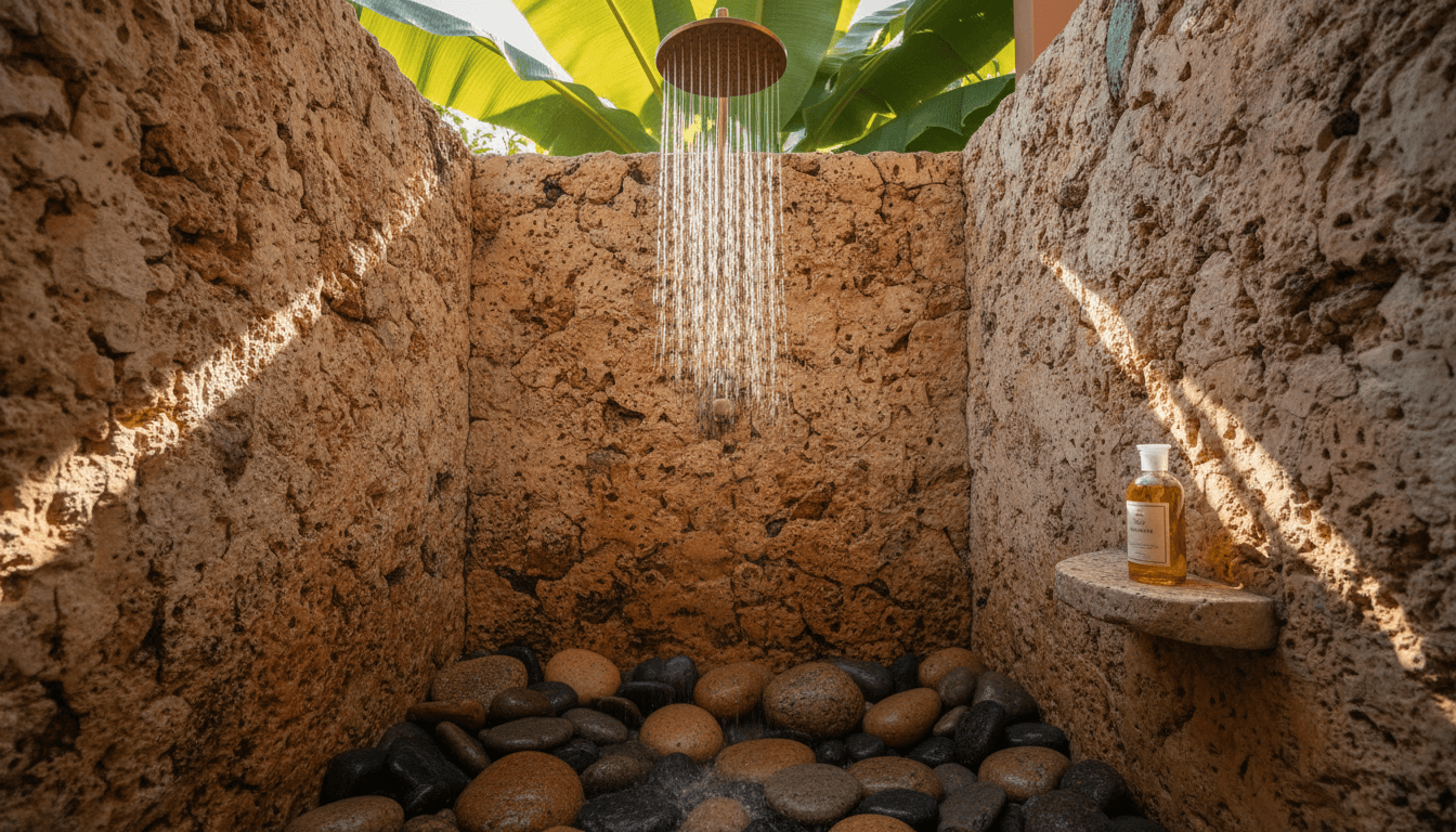 Outdoor rain shower in villa bathroom with tropical foliage