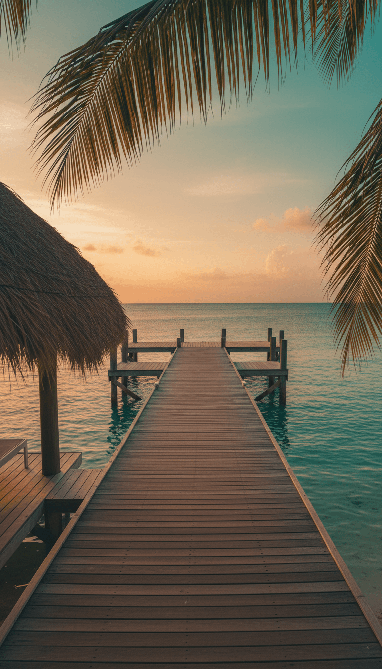 Wooden dock at sunset with palm fronds and a villa roof in the foreground, turquoise water reflecting golden light