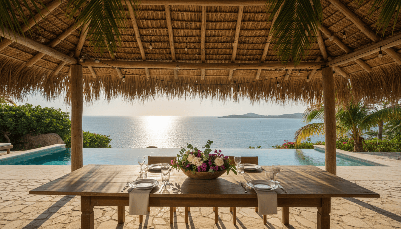Al fresco villa dining table set for dinner overlooking the ocean