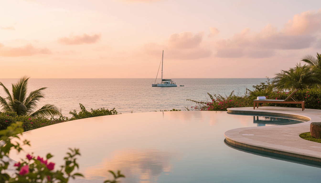 Private infinity pool overlooking the Caribbean Sea at golden hour