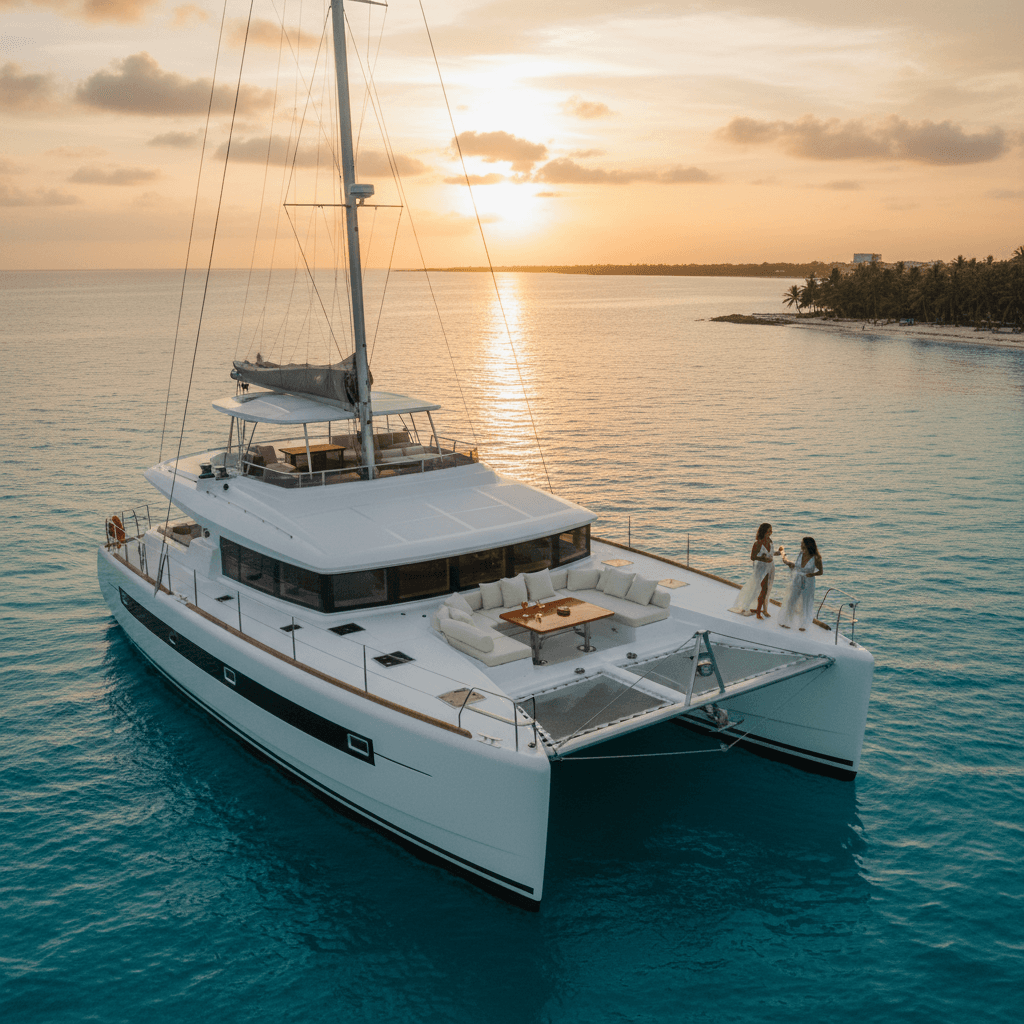 Luxury catamaran at sunset off the Isla Mujeres coast