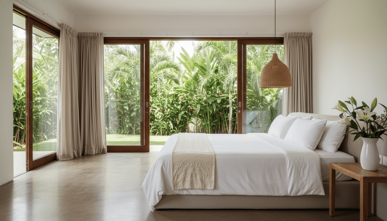 Bright villa bedroom with king bed and open doors to private garden