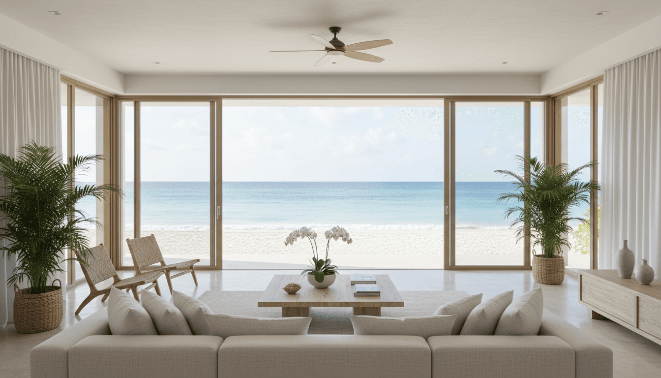 Spacious beachfront villa interior with floor-to-ceiling windows overlooking turquoise ocean and sandy beach