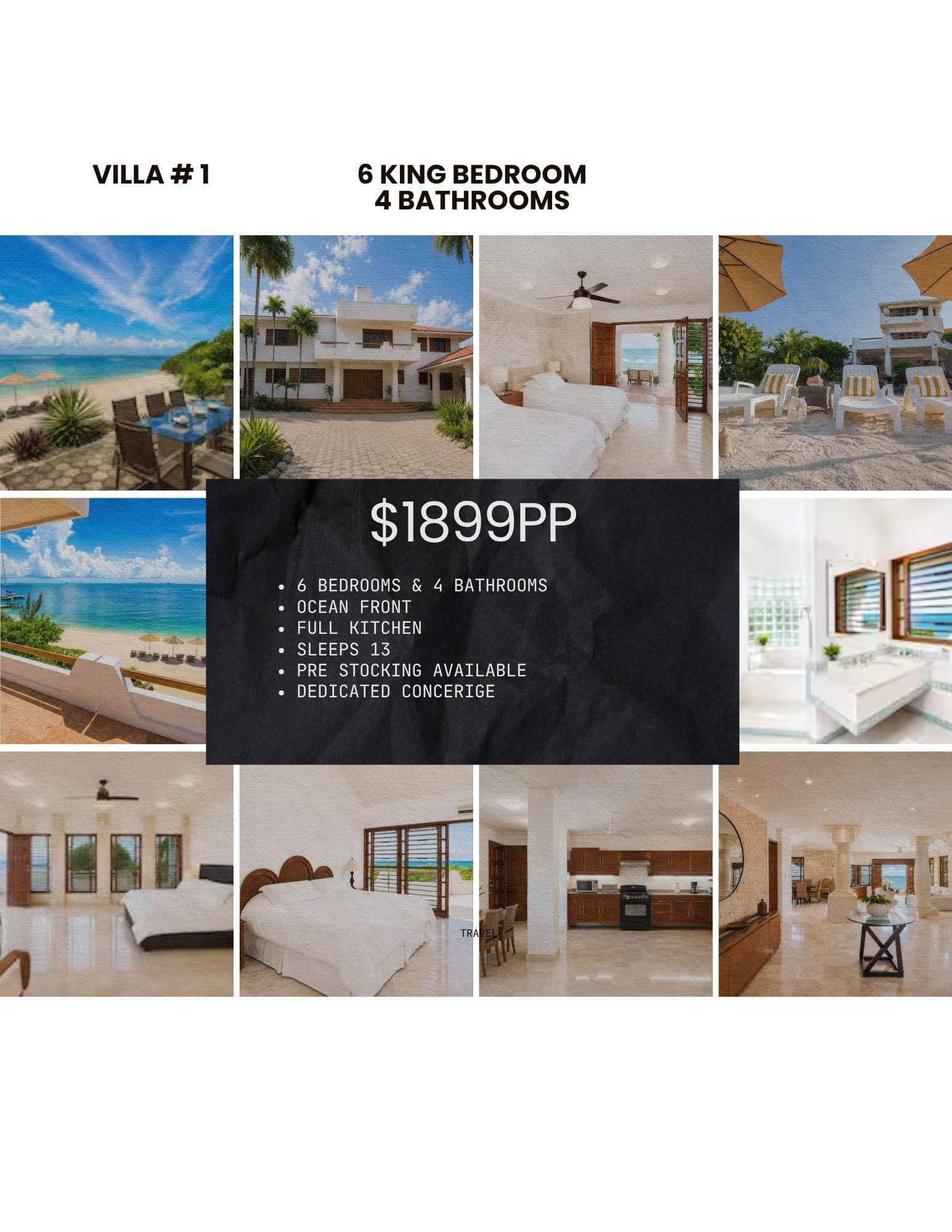 Luxury oceanfront villa collage featuring white exterior, spacious bedrooms, modern kitchen, and beach views.