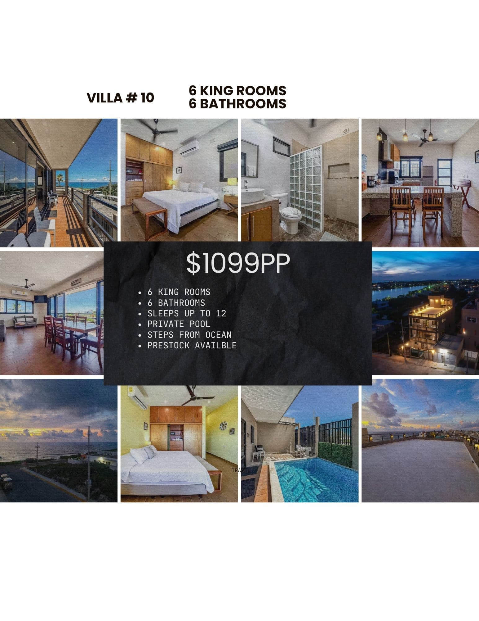 Villa #10 collage featuring six bedrooms, private pool, and ocean views for $1099 per person.
