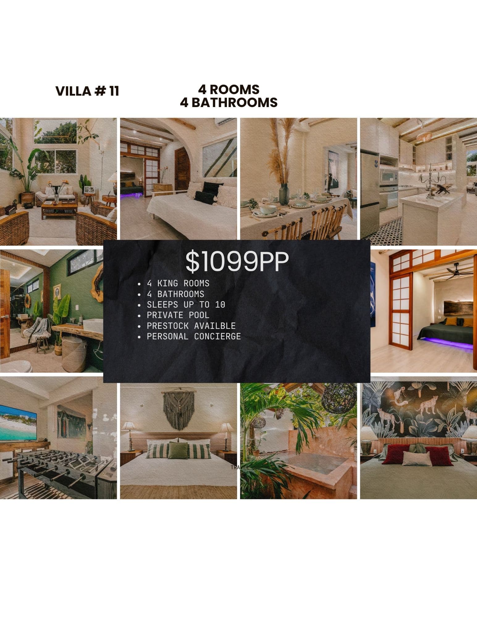 Collage of a luxury villa featuring four bedrooms, modern kitchen, living areas, and private pool.