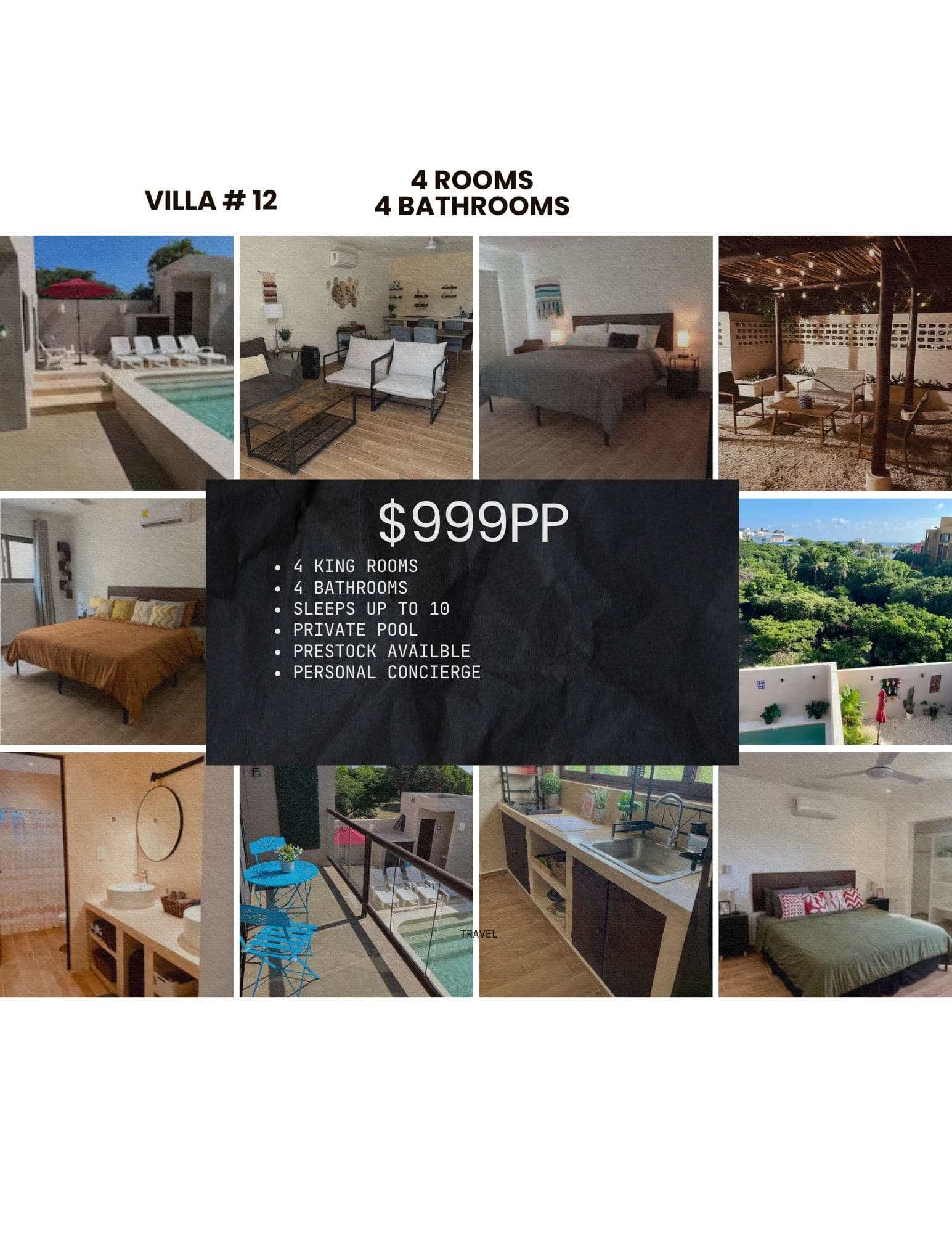 Villa #12 advertisement featuring bedrooms, private pool, and amenities for $999 per person.