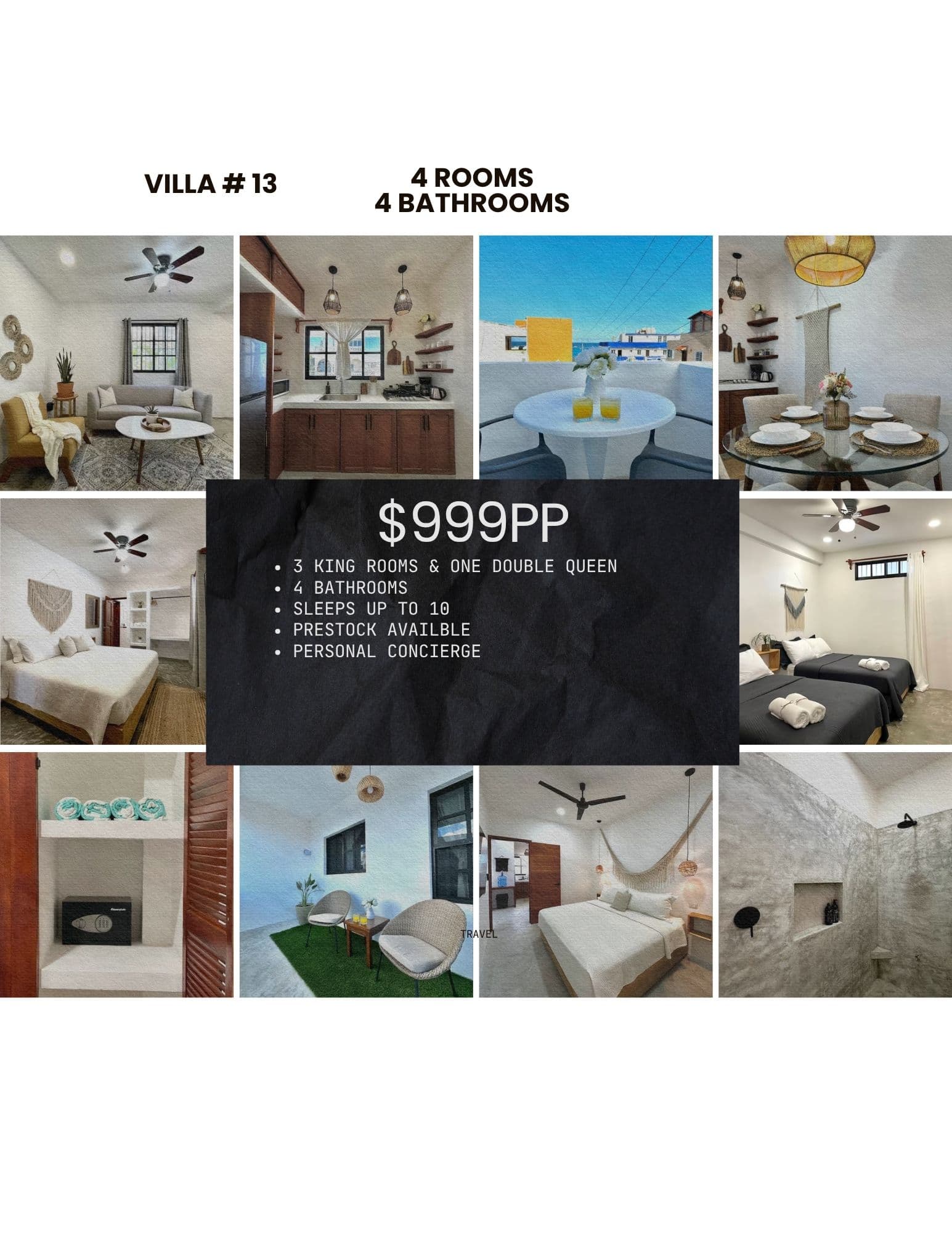 Collage of Villa #13 showcasing modern bedrooms, kitchen, and balcony views for ten guests.
