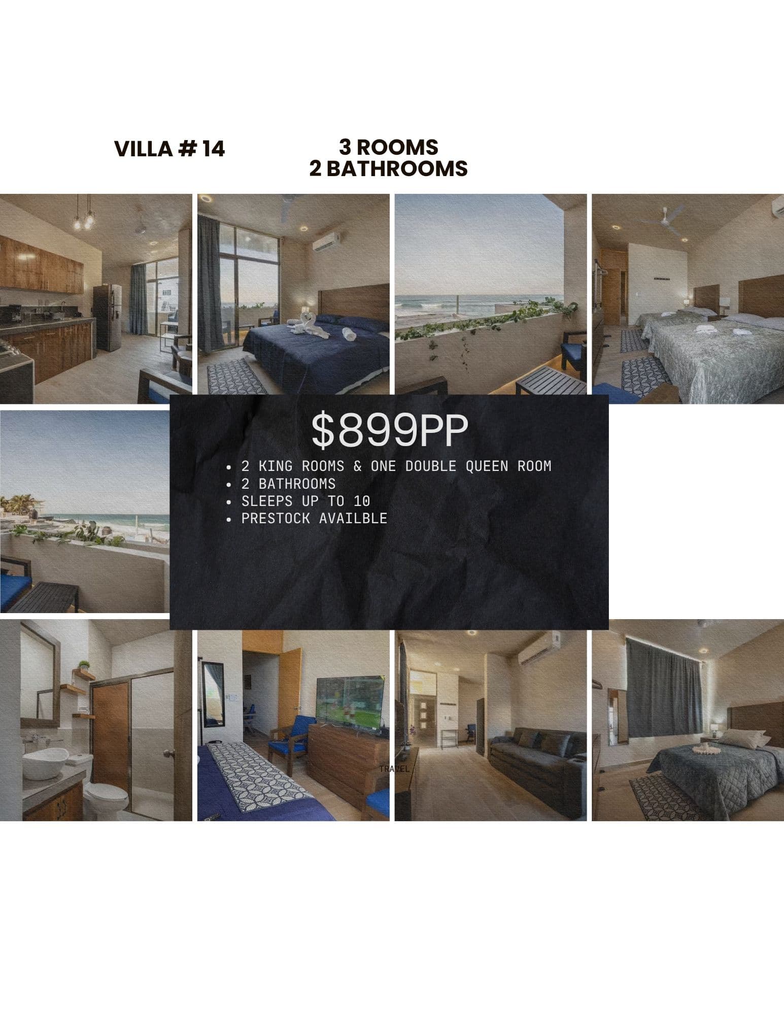 Villa 14 collage featuring modern bedrooms, bathrooms, living areas, and a balcony with ocean views.