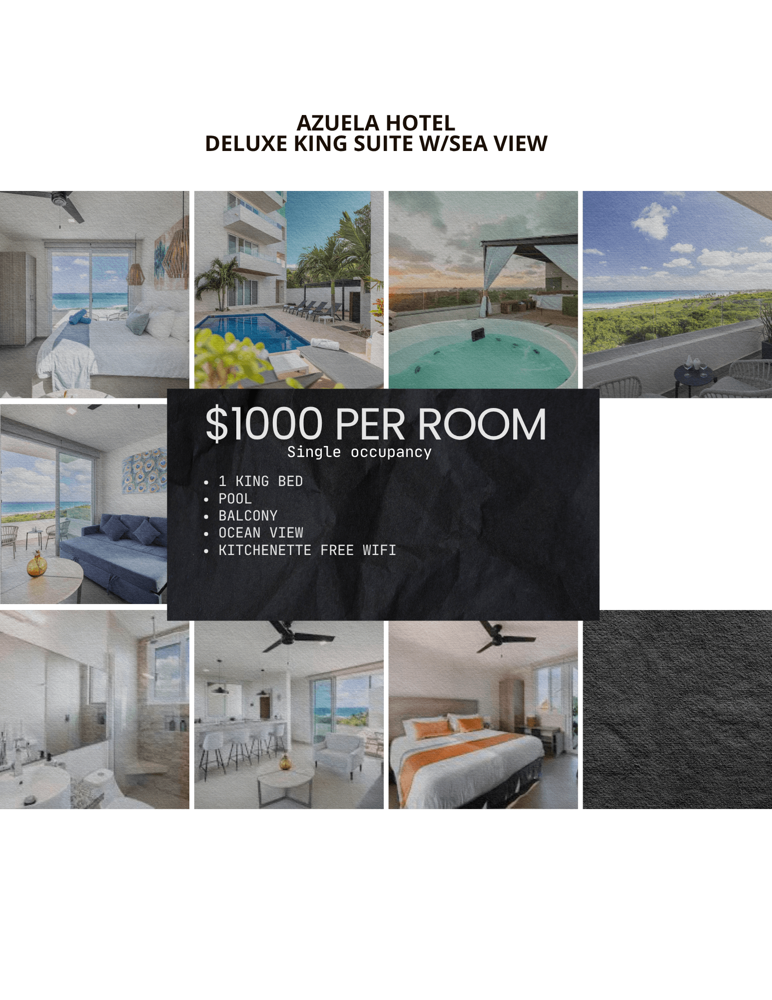 Collage of Azuela Hotel deluxe suite photos including ocean views, pool, and modern room interiors.