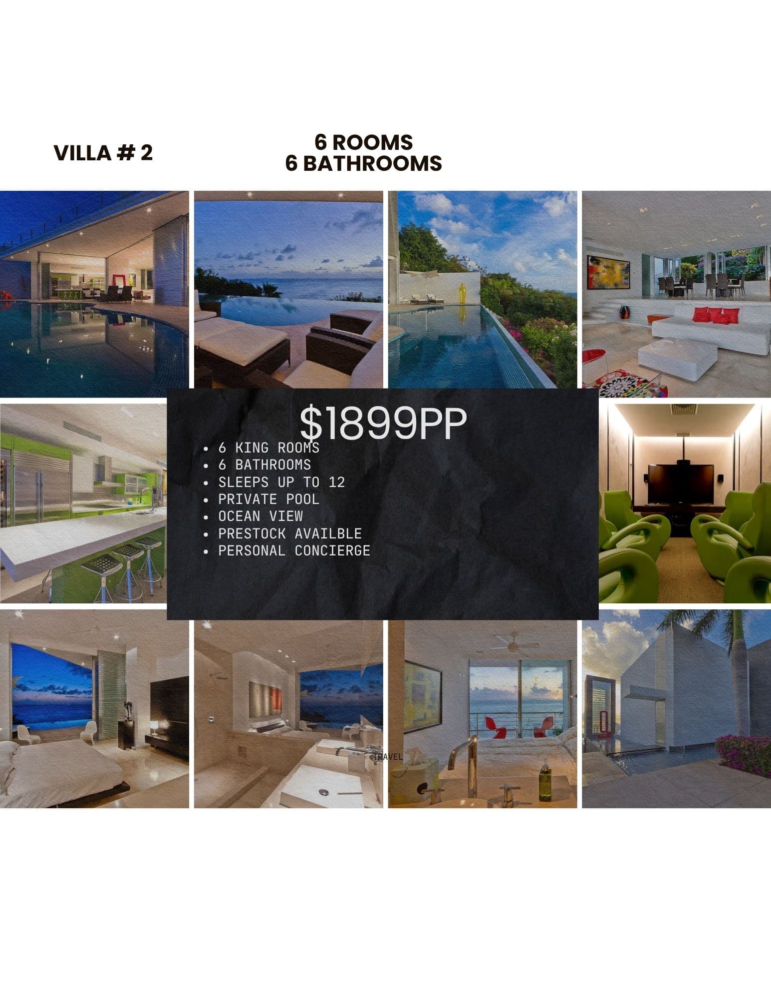 Luxury villa collage featuring six bedrooms, private pool, ocean views, and modern interiors.