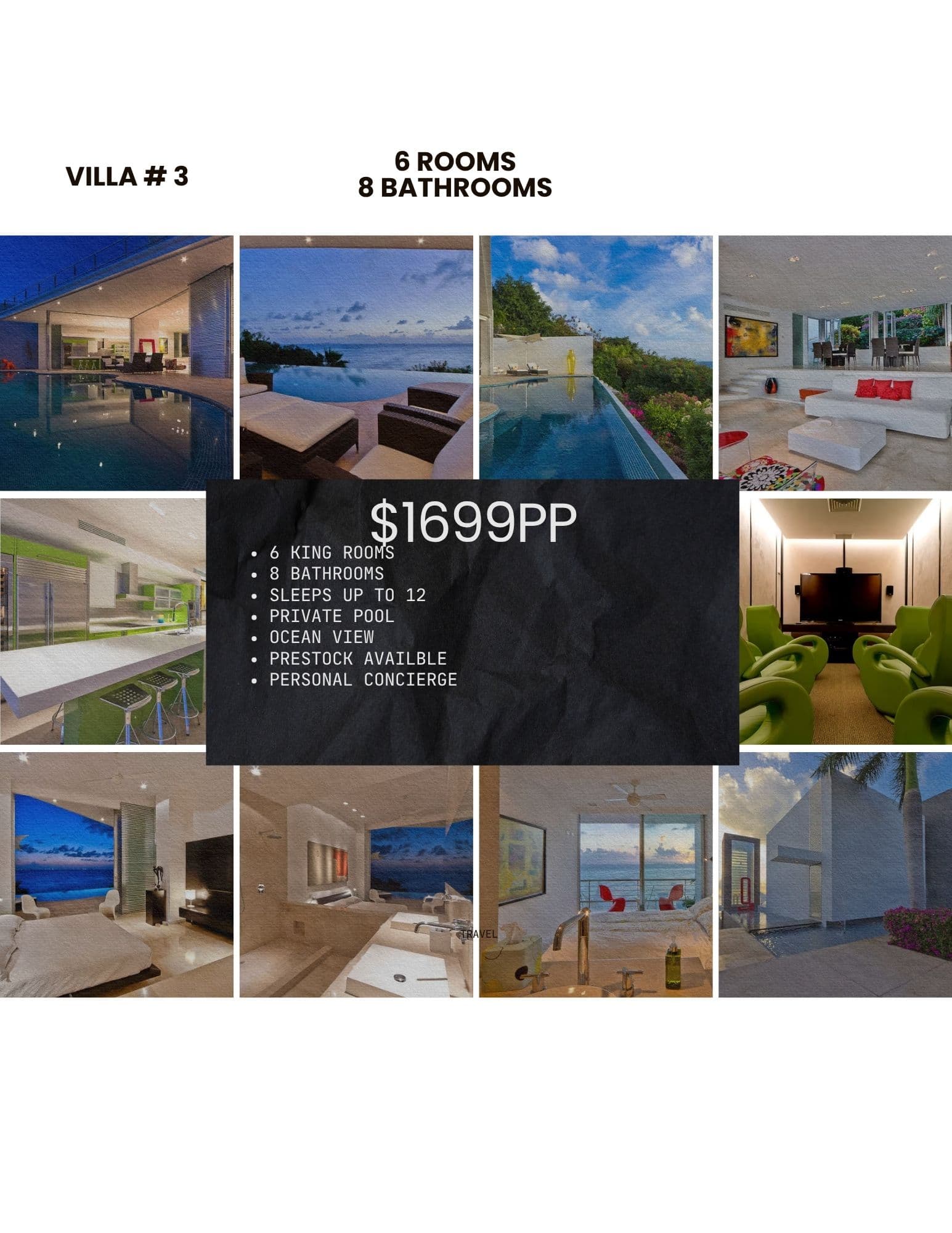 Luxury villa collage showcasing infinity pool, ocean views, modern bedrooms, and private home theater.