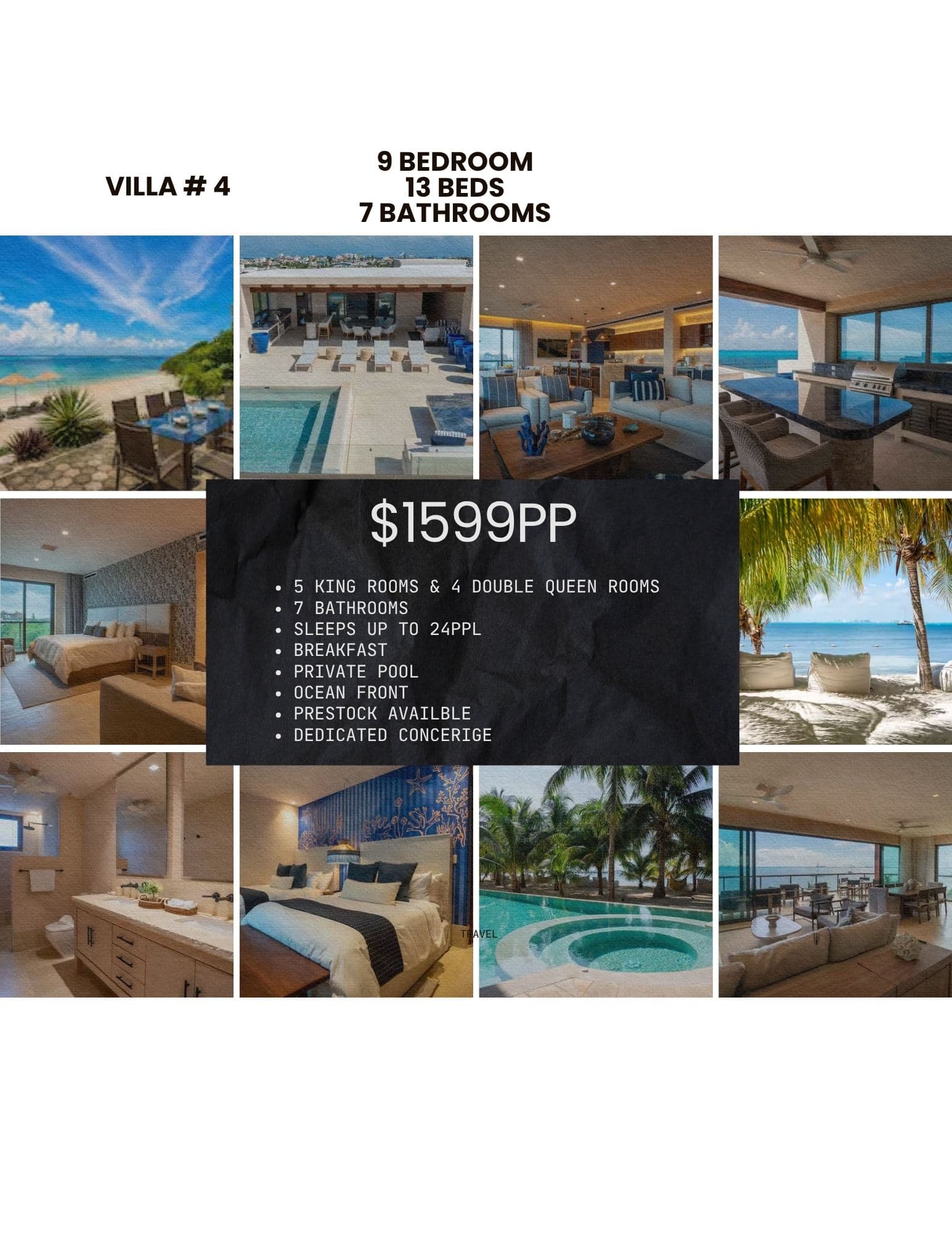 Luxury nine-bedroom oceanfront villa collage featuring private pool, modern interiors, and scenic beach views.