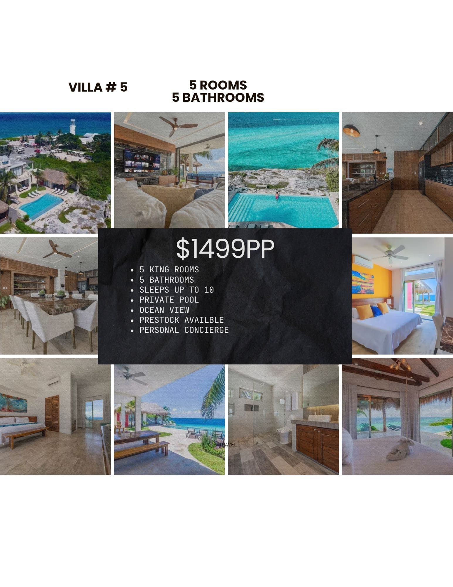 Luxury five-bedroom villa collage featuring ocean views, private pool, and modern interior living spaces.