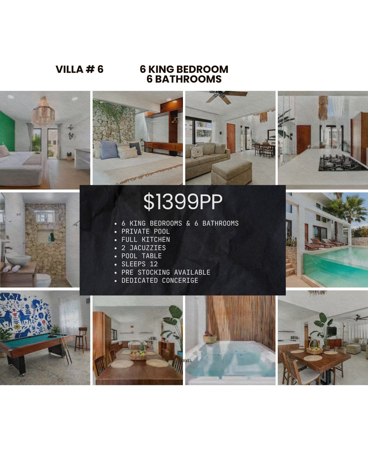 Luxury villa collage featuring six bedrooms, private pool, kitchen, and modern indoor living spaces.