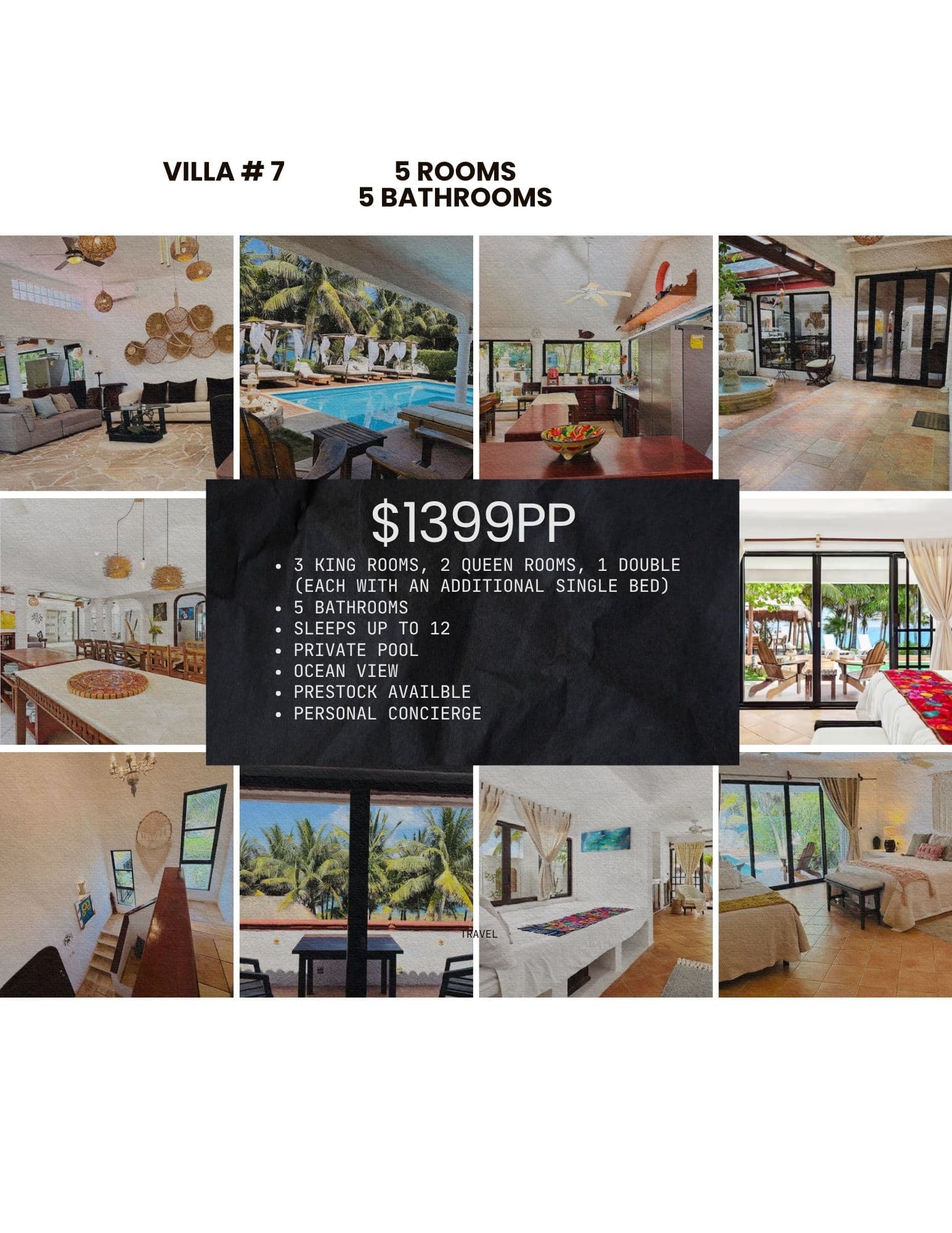 Collage of Villa #7 featuring luxury rooms, private pool, and ocean views for $1399PP.