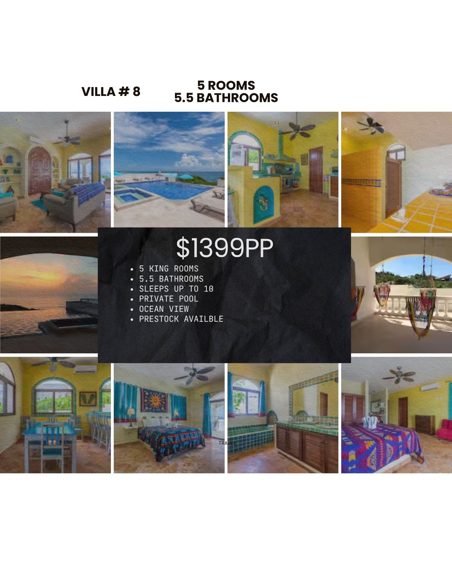 Collage showcasing Villa 8's vibrant interiors, private pool, ocean views, and rental pricing details.
