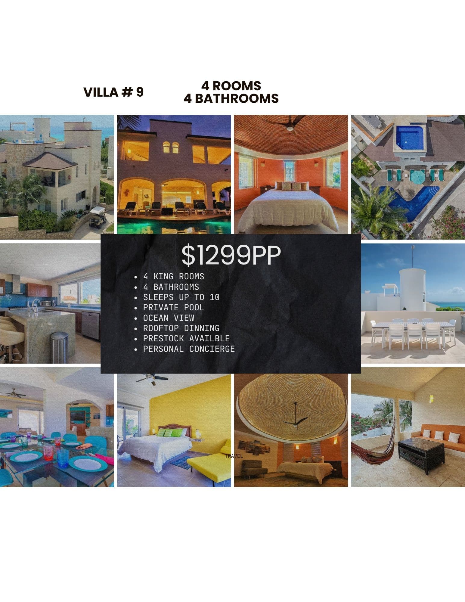 Collage of Villa #9 featuring four bedrooms, private pool, and ocean views for $1299PP.