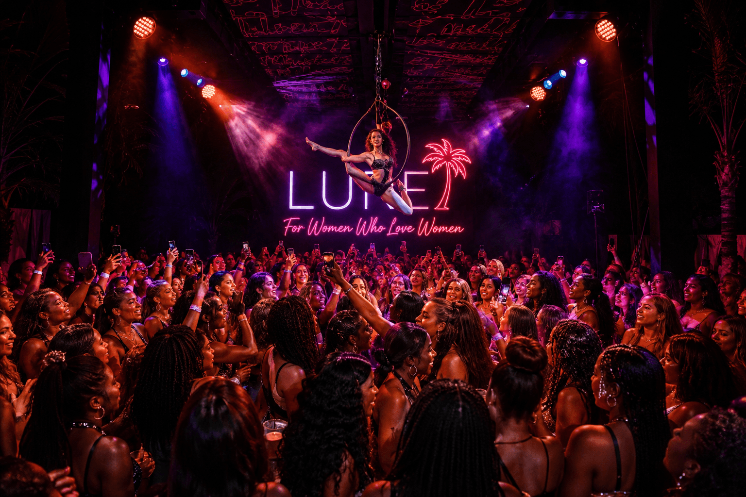 Aerial performer in a hoop above a crowded nightclub with a neon "LURE" sign.