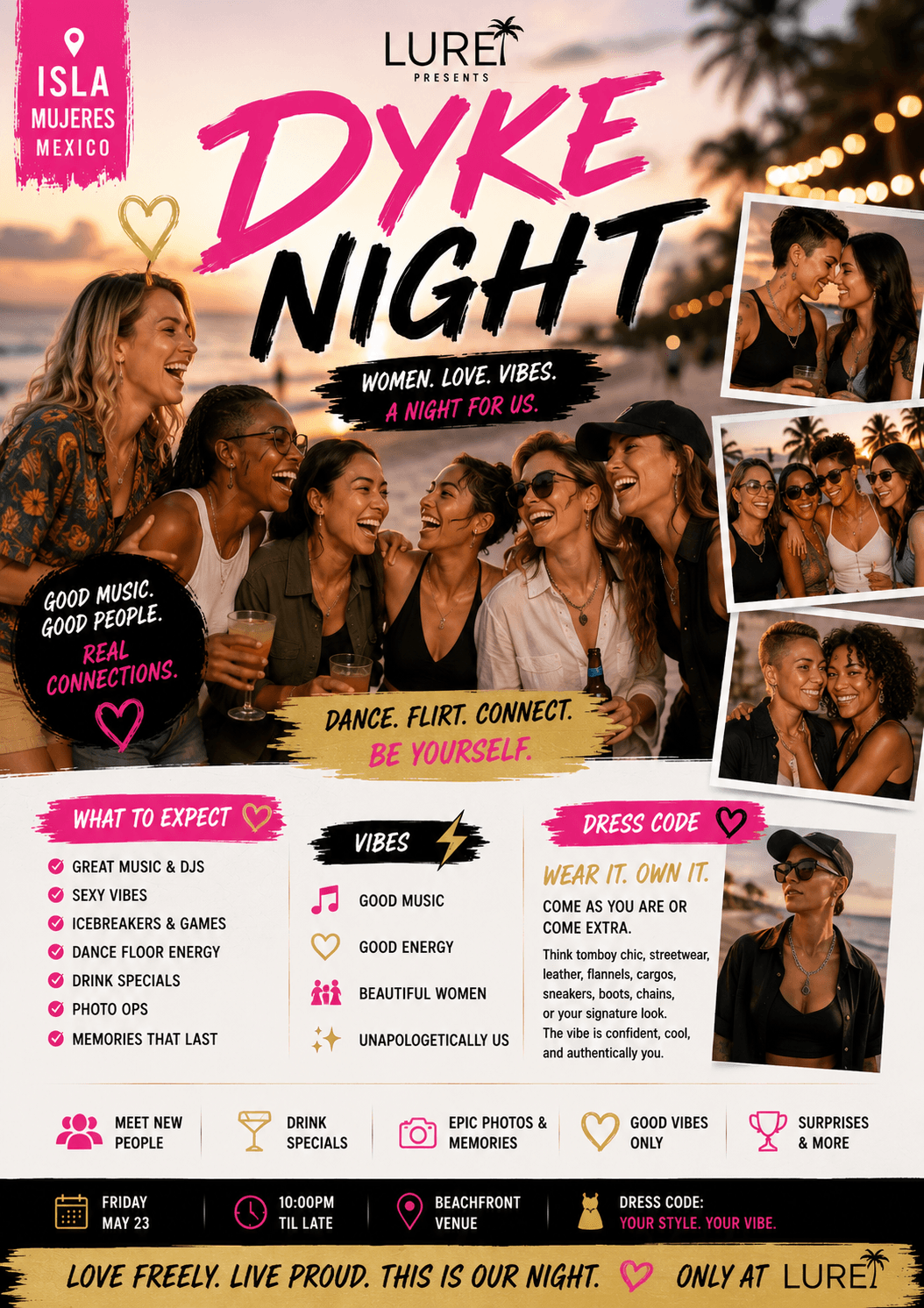 Event flyer for Dyke Night in Mexico featuring diverse women socializing on a sunset beach.