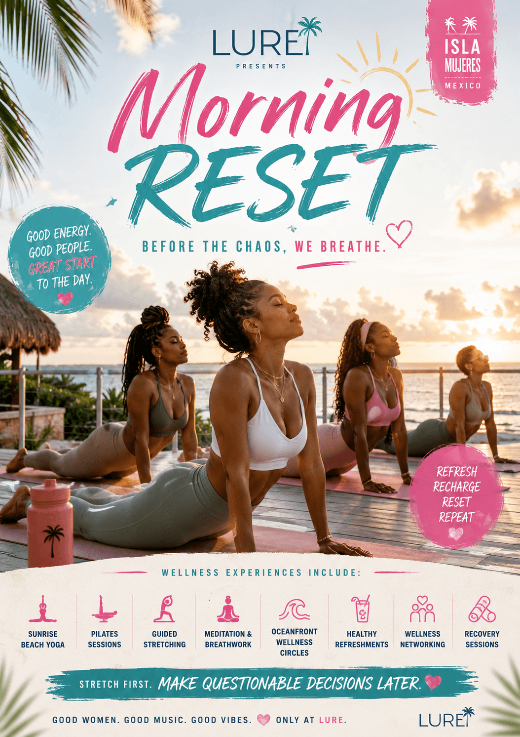 Women practicing yoga at sunrise on a tropical deck for a Morning Reset wellness event.
