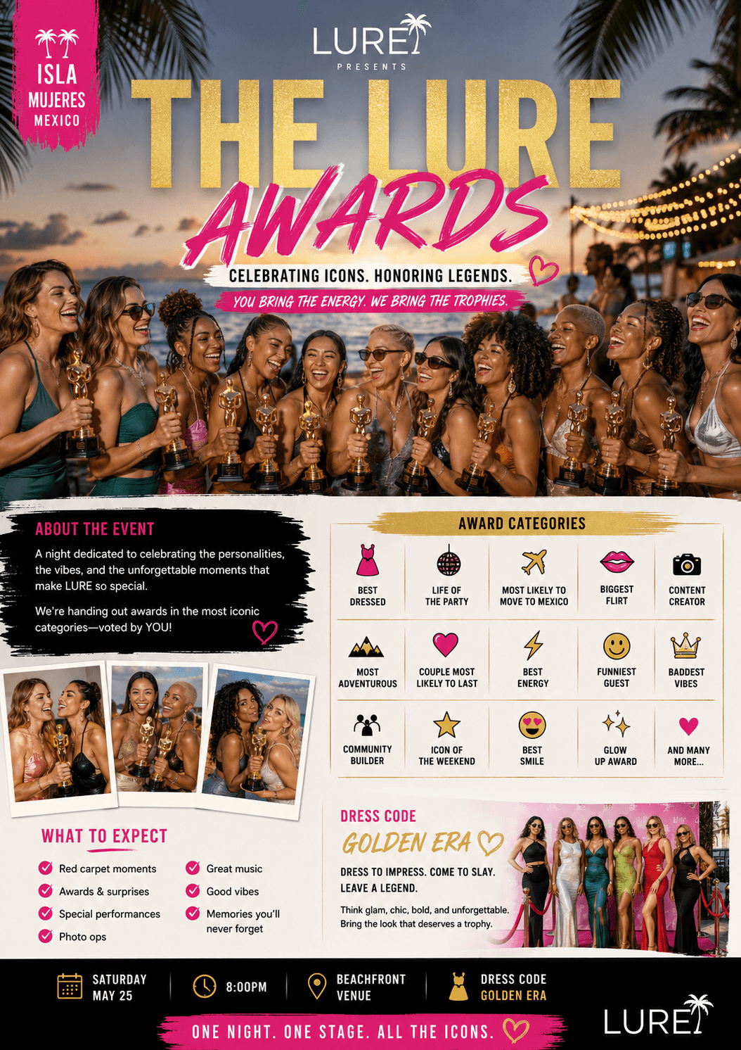 Flyer for The Lure Awards in Isla Mujeres, Mexico, featuring women with gold trophies.