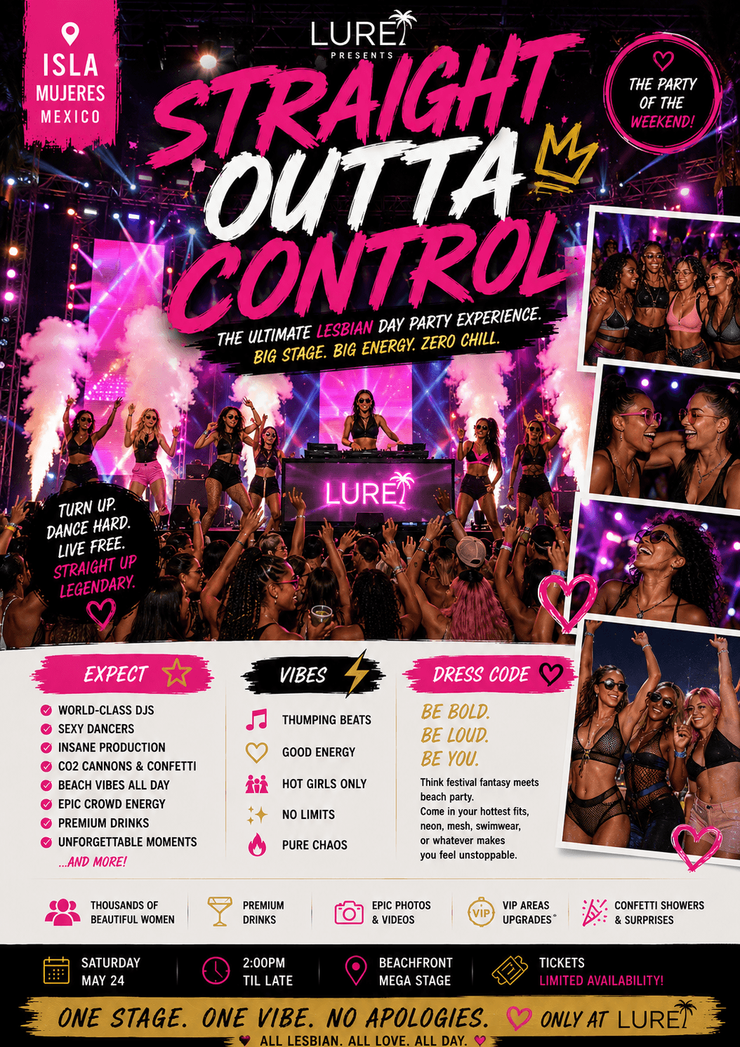 Vibrant pink flyer for 'Straight Outta Control' lesbian day party featuring dancing crowds in Mexico.