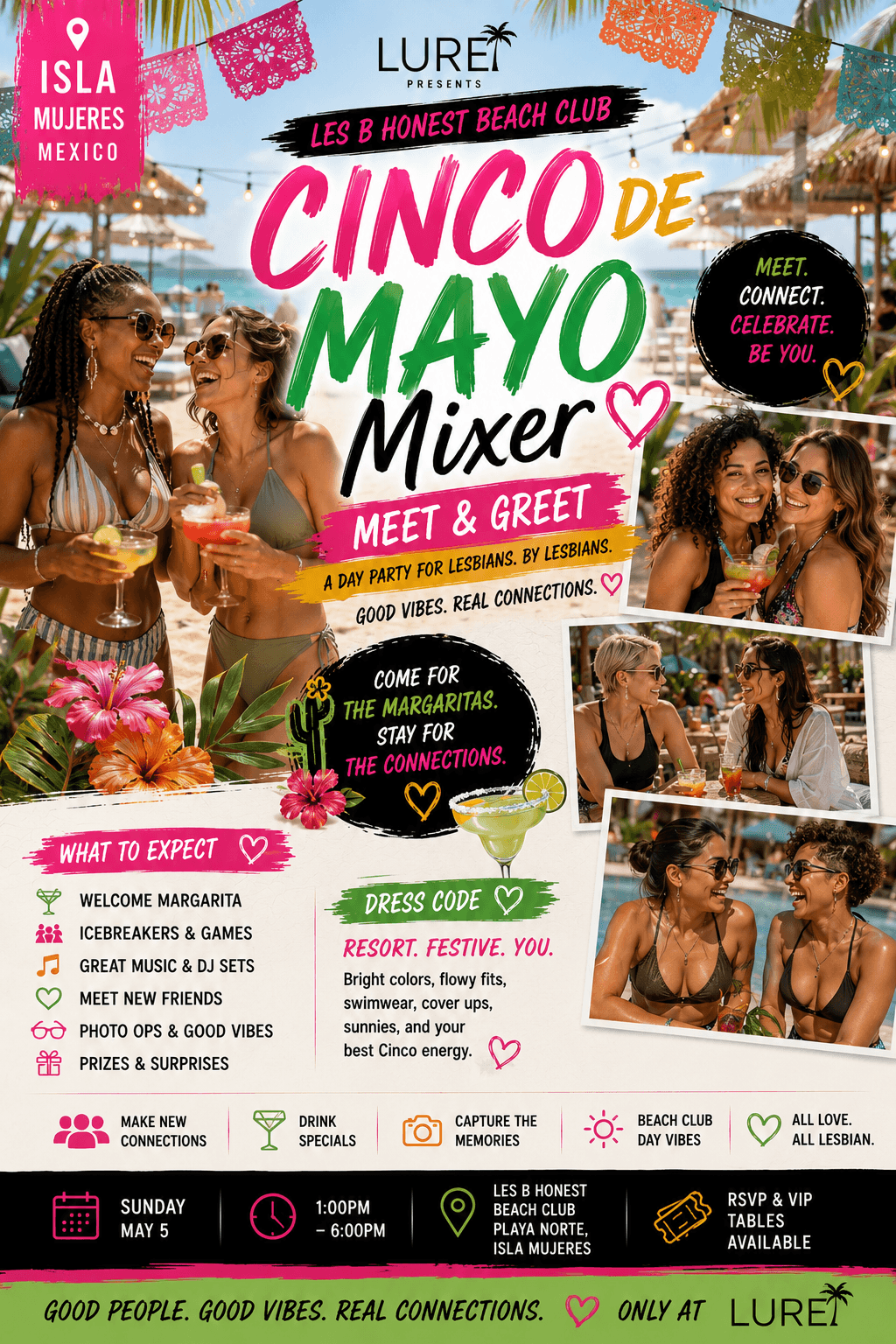 Cinco de Mayo Mixer poster for a lesbian beach party in Isla Mujeres, Mexico.
