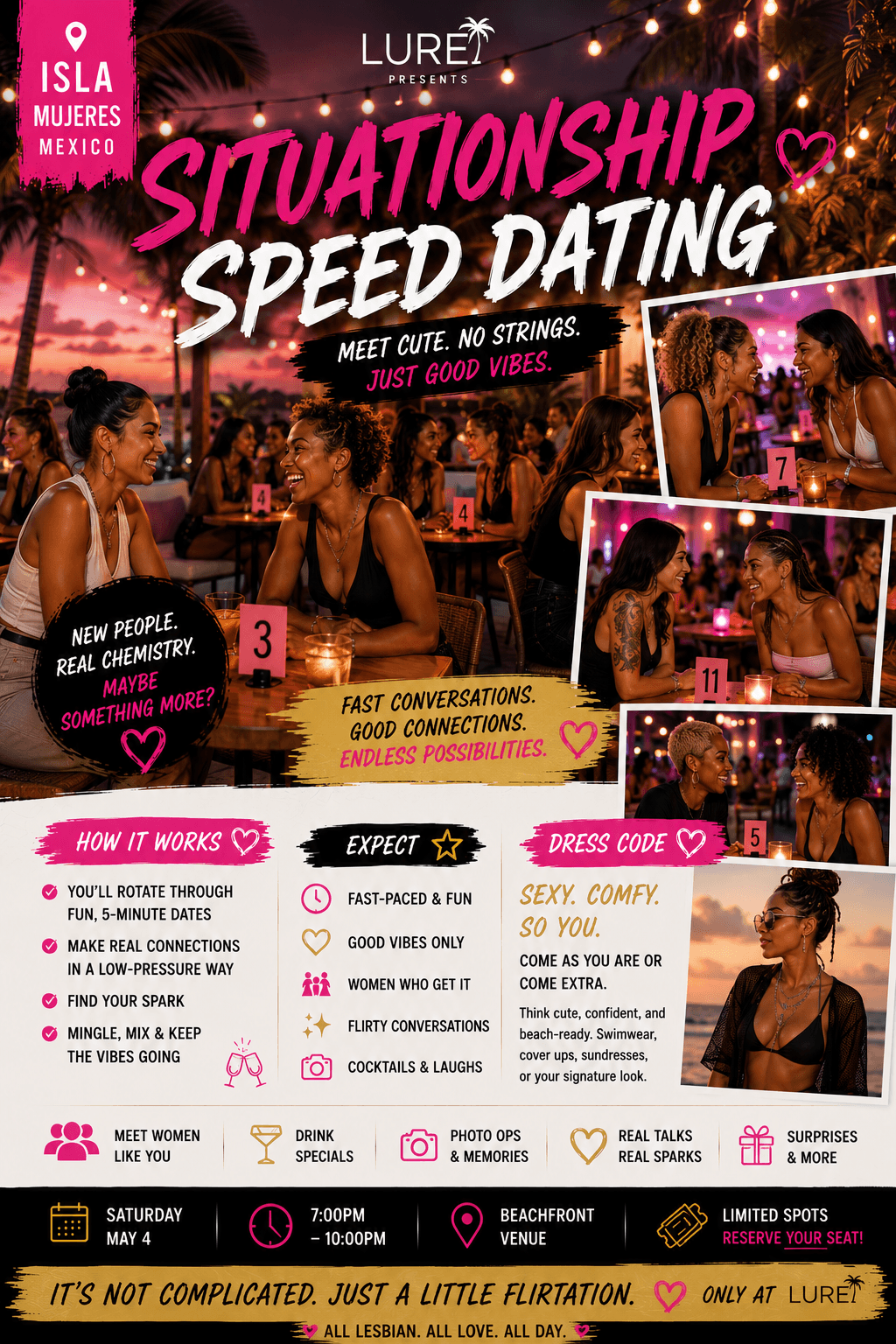 Situationship Speed Dating flyer for lesbian women in Isla Mujeres, Mexico, featuring beachfront social scenes.