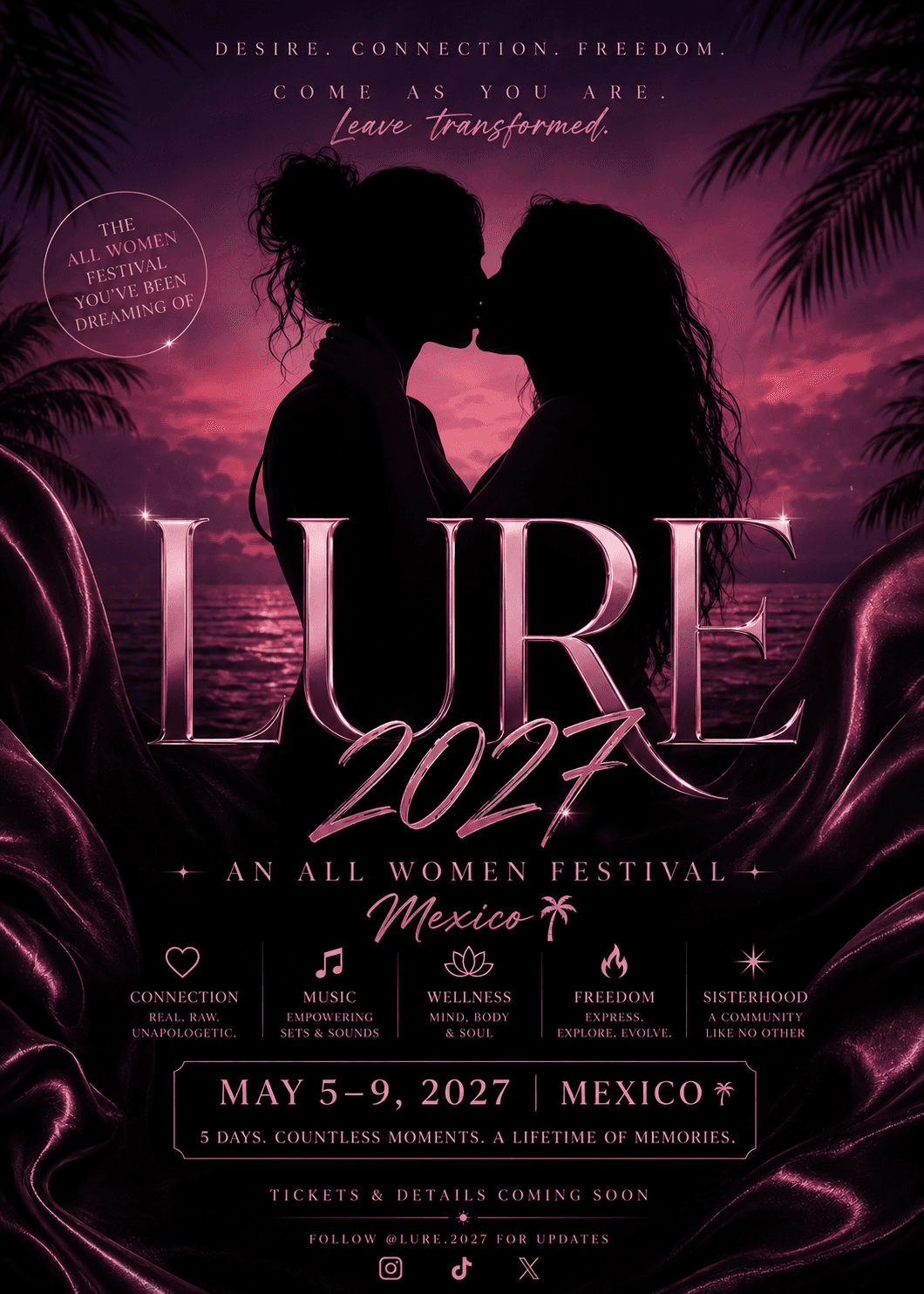 Silhouette of two women kissing against a pink tropical sunset for LURE 2027 women's festival.